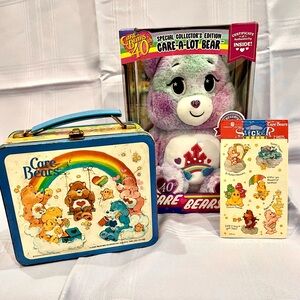 Care Bears Special 40th Ann.Bear, original 1983 lunchbox, and vintage stickers
